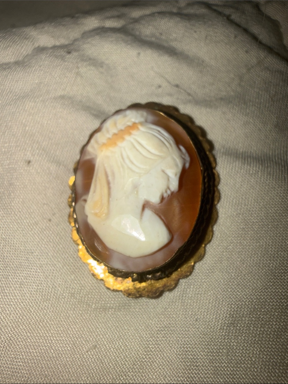 Classic Cameo Brooch in Cream and Brown with Gold Frame